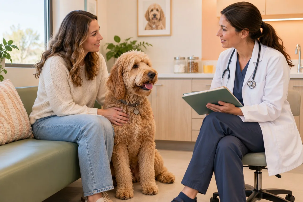 Owner and veterinarian discussing care beside a curly-coated dog